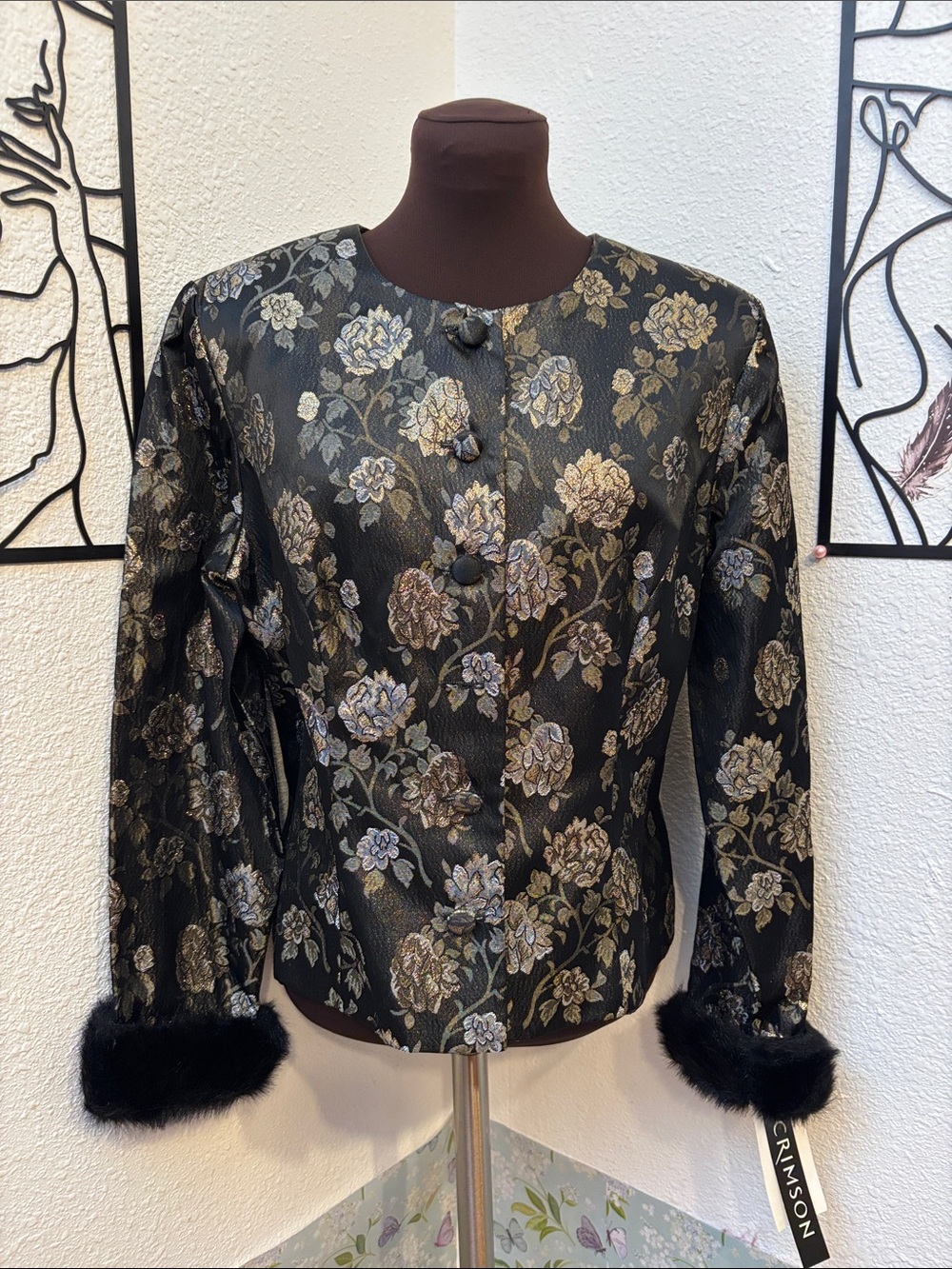 NWT Vintage 1990’s Crimson black floral brocade long sleeve jacket. Size 10.